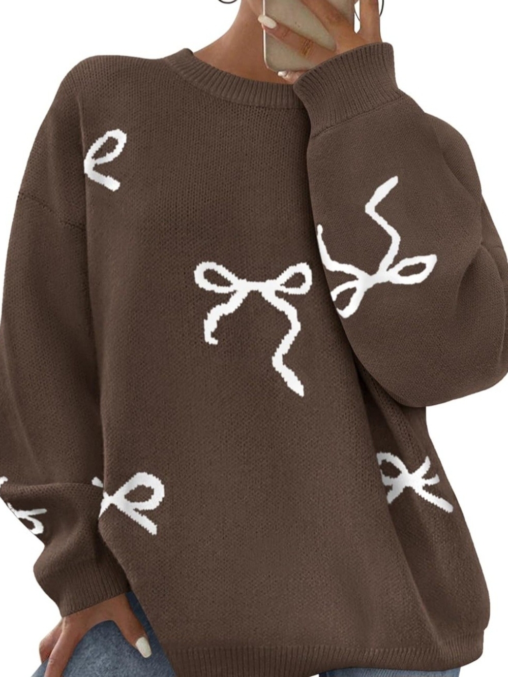 Brown Bow-Pattern Crewneck Sweater